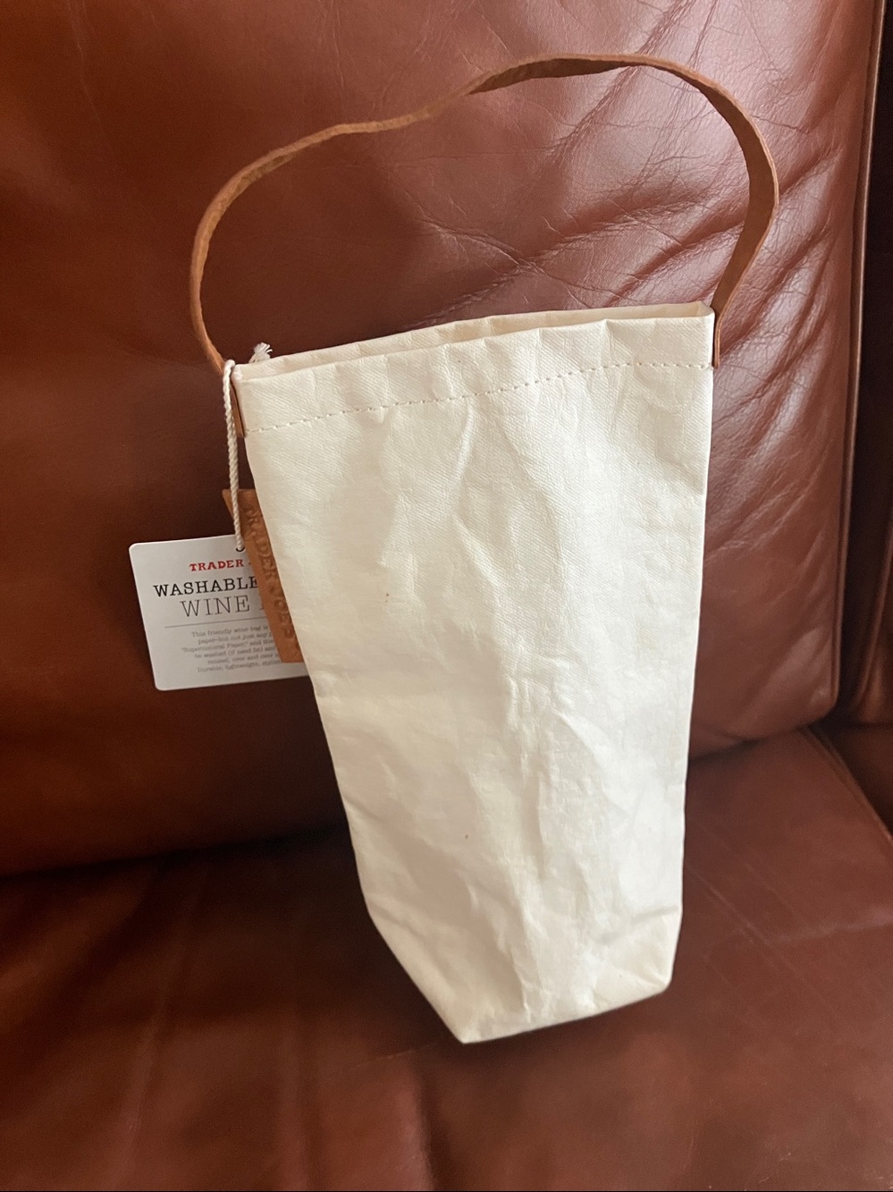 Trader Joe’s washable paper Wine Bag ivory color leather-like accents RARE